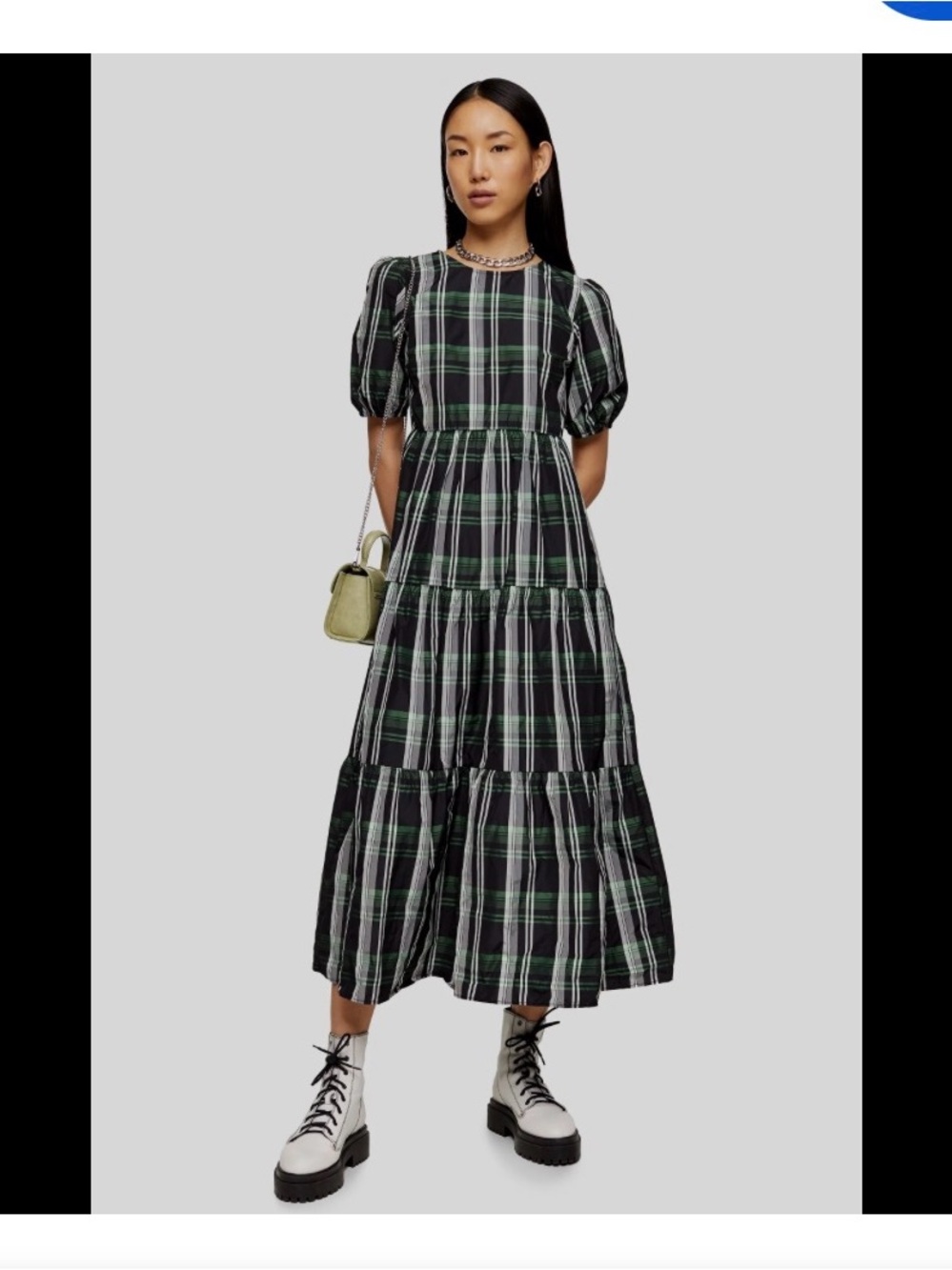 Topshop sz 2 Green Check Taffeta Tiered Maxi Dress plaid midi puff sleeve